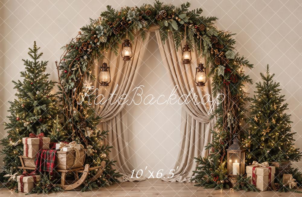 Kate Christmas Tree Evergreen Arch Draped Curtains Neutral Printed Backdrop Designed by Emetselch