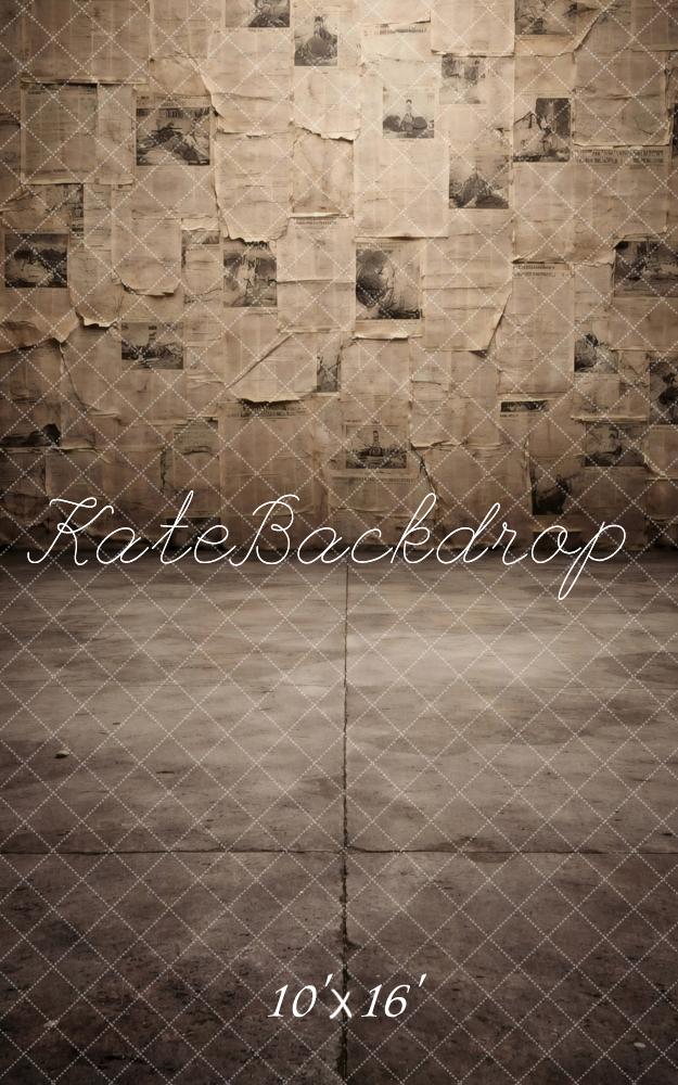 Kate Sweep Vintage Newspaper Wall and Concrete Floor Printed Backdrop Designed by Vertigo Productions