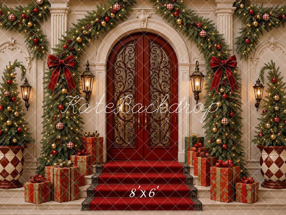 Kate Christmas Mansion Door Entryway Garland Trees Gifts Printed Backdrop Designed by Shutter Swan Studios