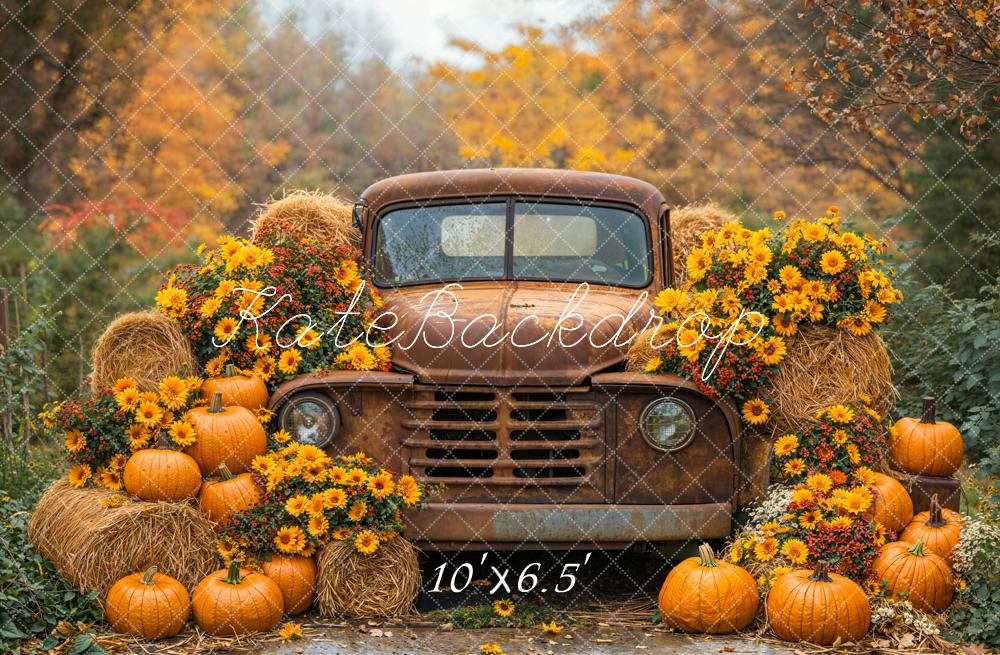 Kate Fall Vintage Truck Pumpkins Hay Bales Sunflowers Backdrop Designed by Emetselch