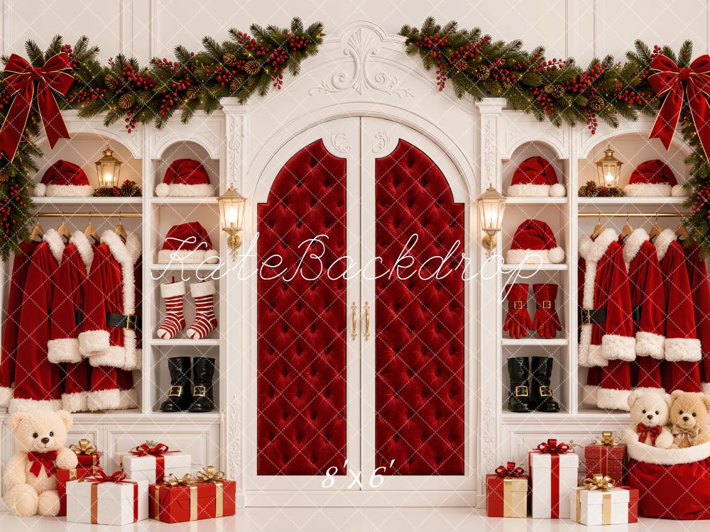 Kate Christmas Santa Closet Red Quilted Doors Coat Garland Printed Backdrop Designed by Emetselch