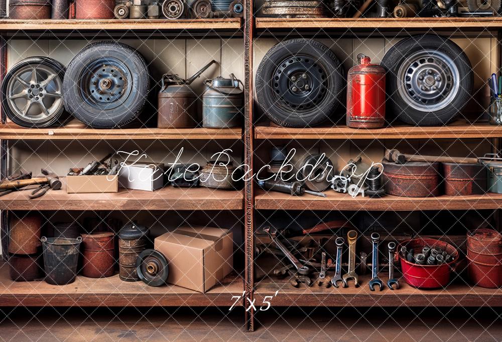 Kate Father's Day Mechanic Garage Shelves Tools Tires Backdrop Designed by Mandy Ringe Photography
