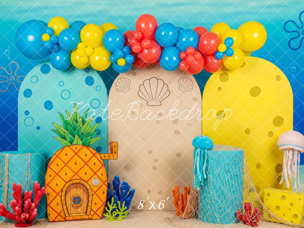 Kate Cake Smash Underwater Colorful Balloons Coral Jellyfish Printed Backdrop Designed by Patty Roberts