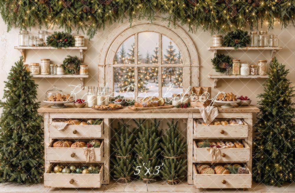 Kate Christmas Rustic Kitchen Bakery Garland Arched Window Printed Backdrop Designed by Emetselch