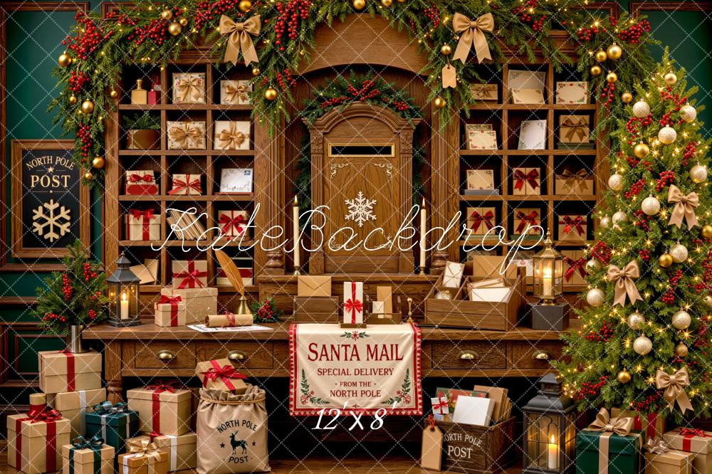 Kate Christmas Post Office Gifts Tree Shelves Printed Backdrop Designed by Mini MakeBelieve