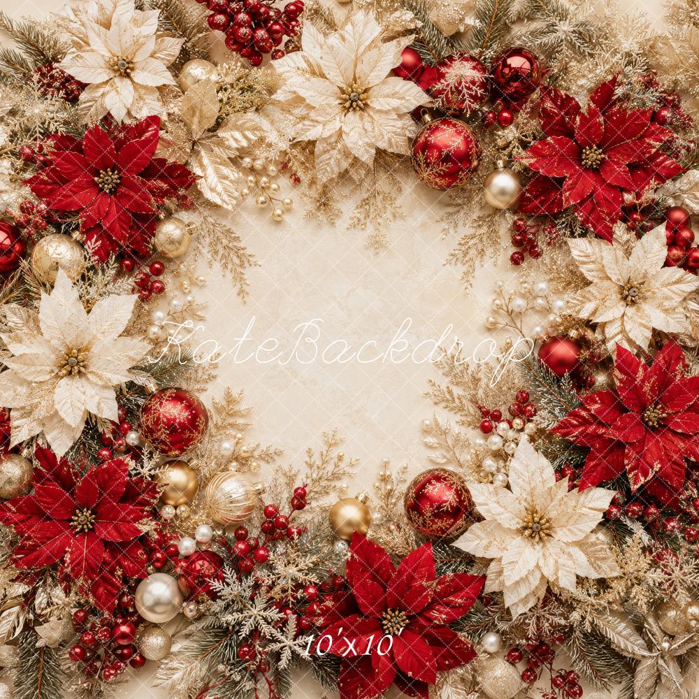 Kate Christmas Red Gold Poinsettia Wreath Ornaments Printed Backdrop Designed by Megan Leigh Photography
