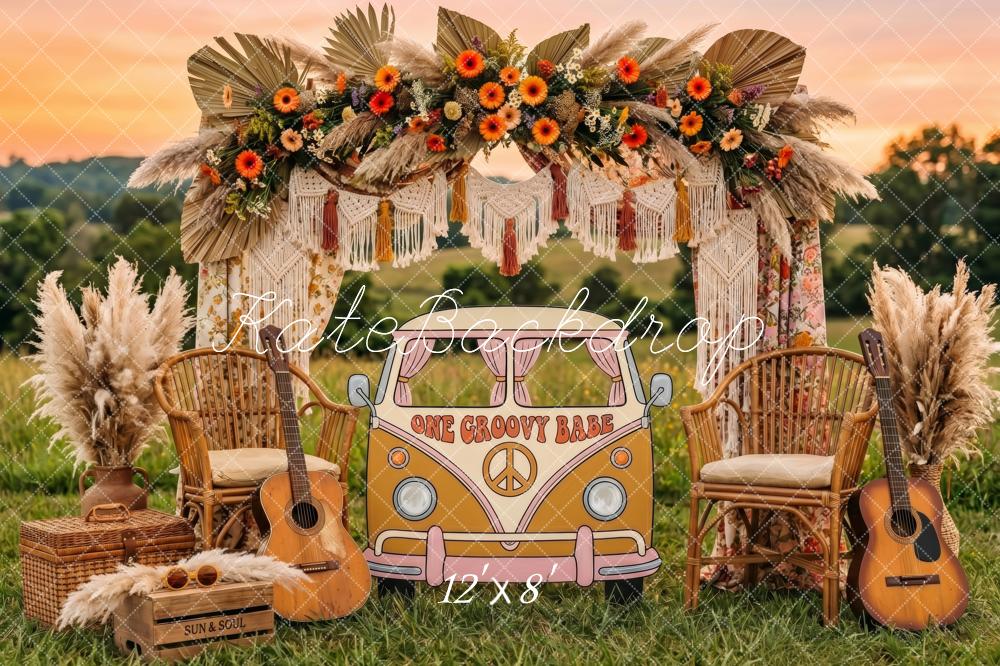 Kate Boho Flower Arch Groovy Truck Field Guitar Printed Backdrop Designed by Patty Roberts