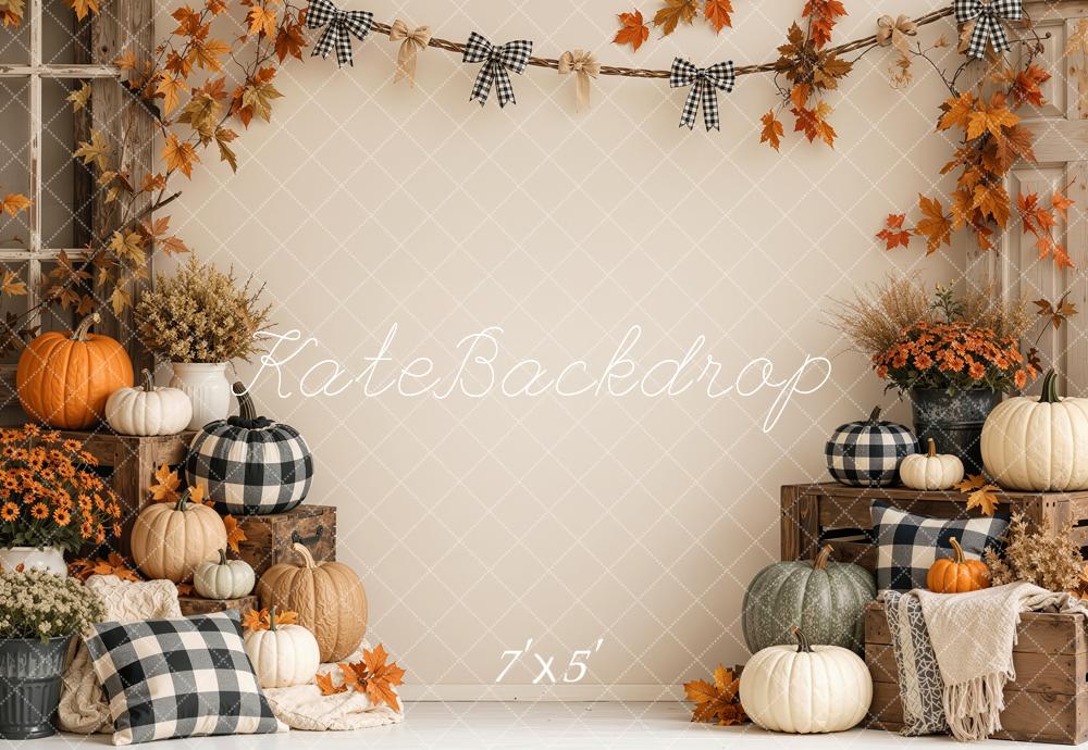 Kate Fall Beige Pumpkin Rustic Plaid Garland Printed Backdrop Designed by Shutter Swan Studios