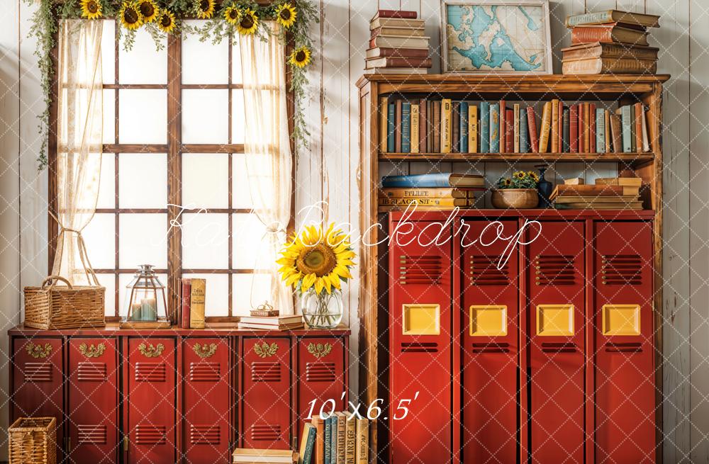 Kate Back To School Sunflower Curtain Window Vintage Library Lockers Backdrop Designed by Emetselch