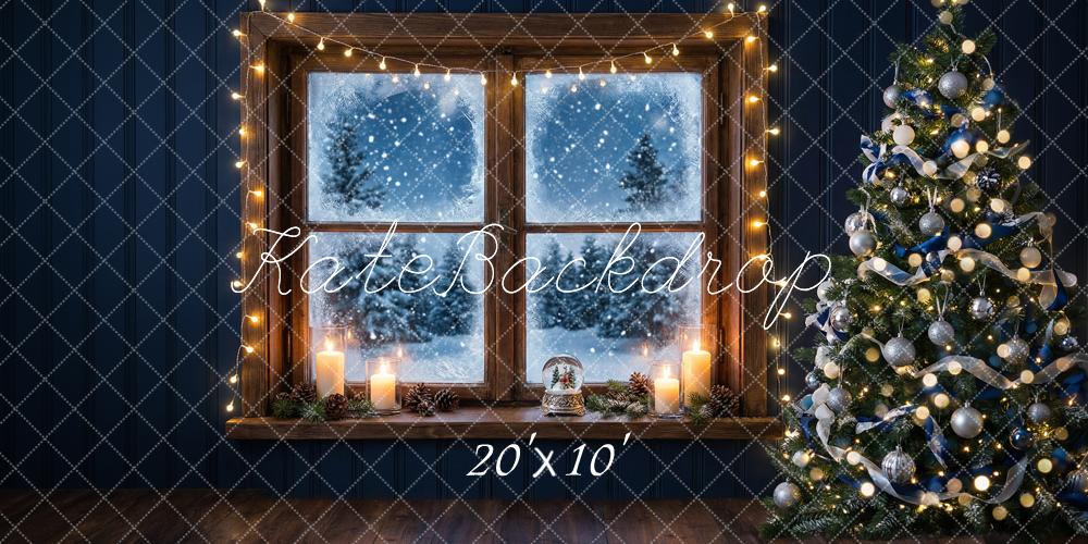 Kate Christmas Window Tree Snowy Night Printed Backdrop Designed by Happy Squirrel Design
