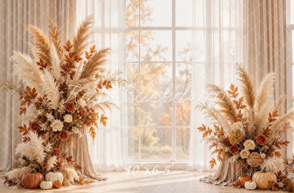 Kate Fall Pampas Floral Pumpkin Window Printed Backdrop Designed by Emetselch
