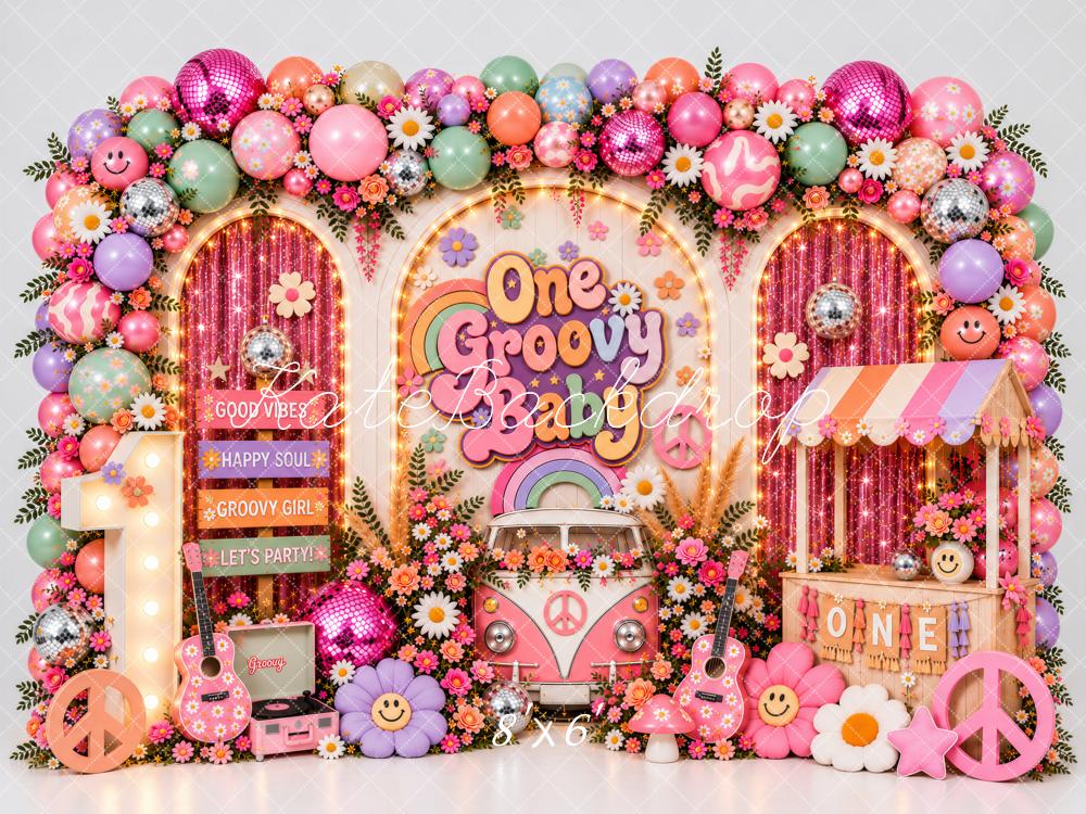 Kate 1st Birthday Groovy Baby Balloon Arch Camper Van Pink Printed Backdrop Designed by Ashley Paul