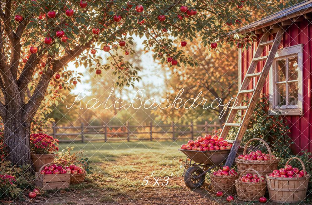 Kate Fall Apple Orchard Tree Red Barn Ladder Baskets Printed Backdrop Designed by Emetselch