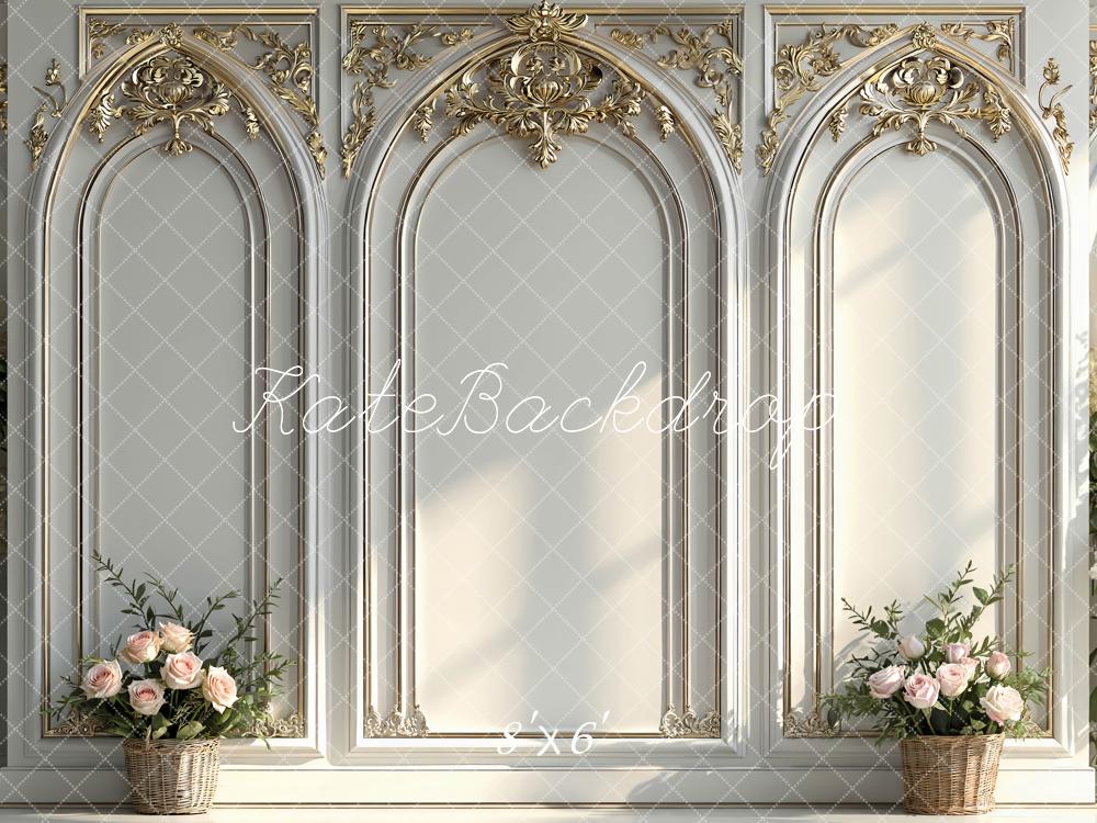 Kate White Gold Ornate Arch Wall With Flower Baskets Backdrop Designed by Mini MakeBelieve