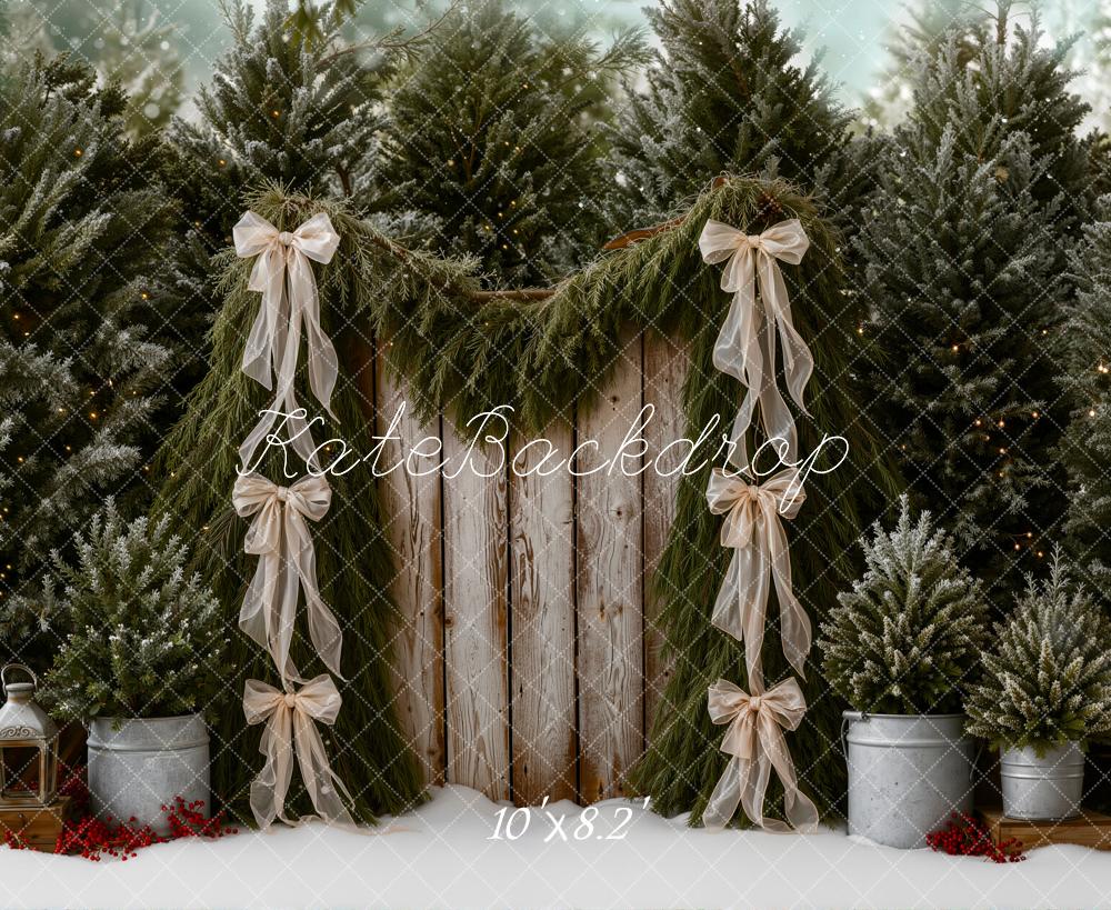 Kate Christmas Pine Trees Garland Rustic Wood Bows Printed Backdrop Designed by Emetselch
