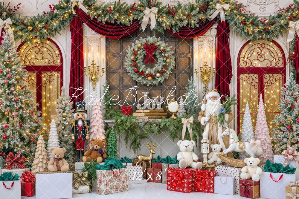 Kate Christmas Santa Claus Fireplace Mantel Garland Gifts Printed Backdrop Designed by Mini MakeBelieve