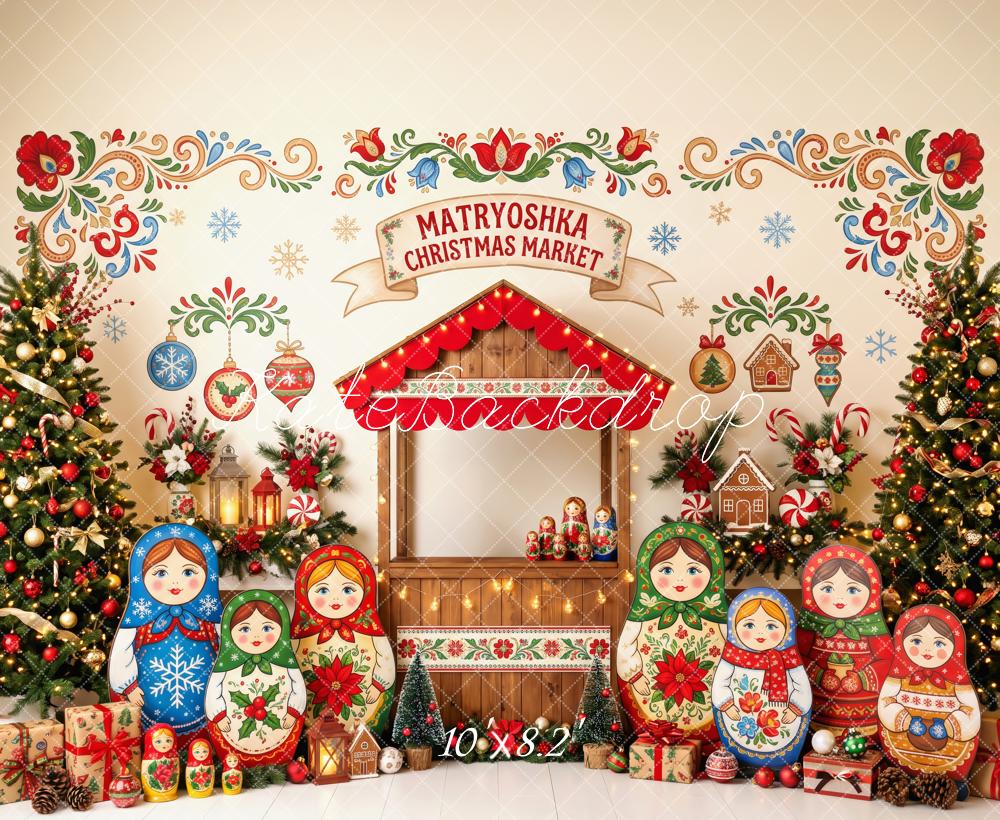 Kate Christmas Matryoshka Market Christmas Trees Ornaments Printed Backdrop Designed by Patty Roberts