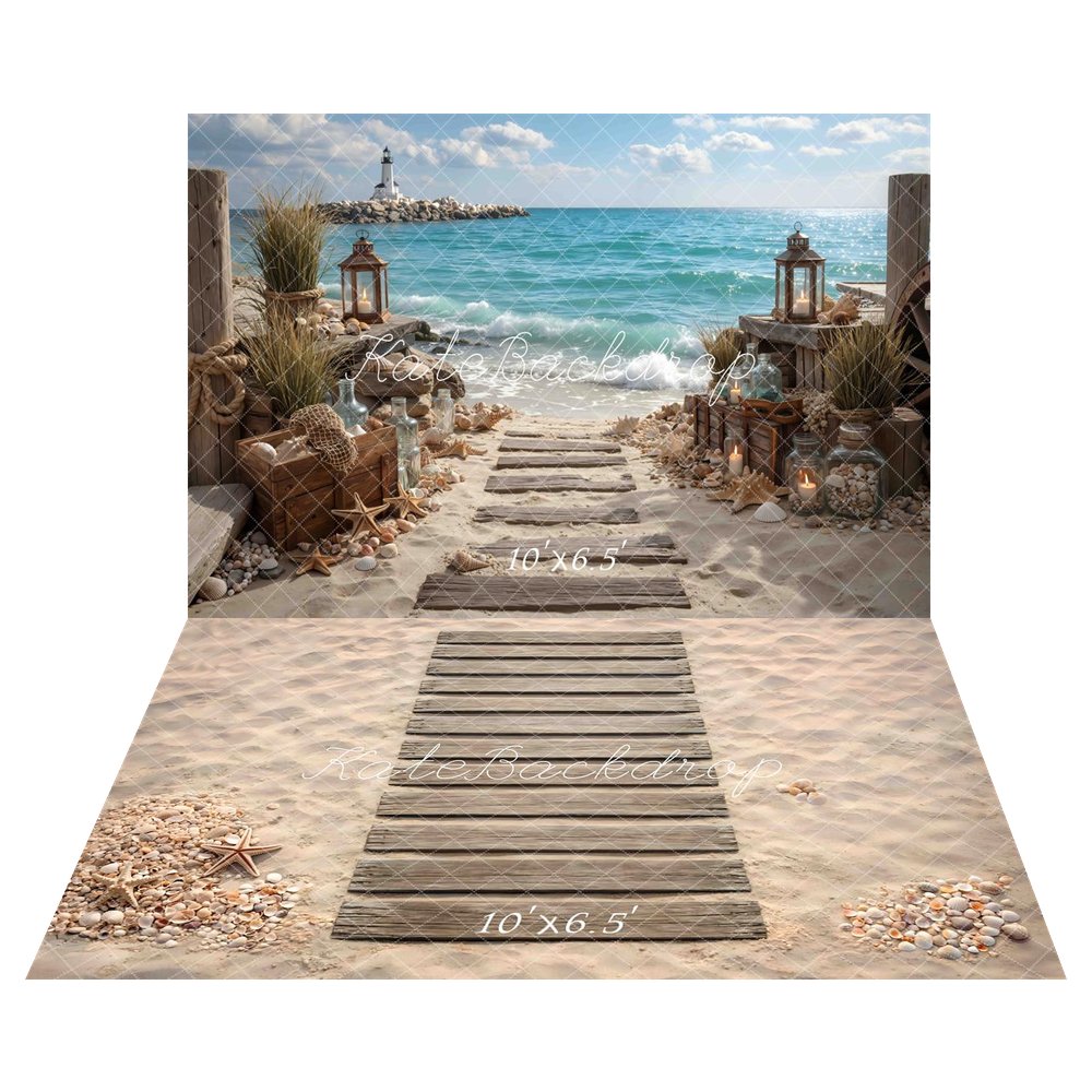 Kate Beach Lighthouse Lantern Coastal Pathway Printed Backdrop+Beach Boardwalk Sand Seashells Starfish Floor Printed Backdrop