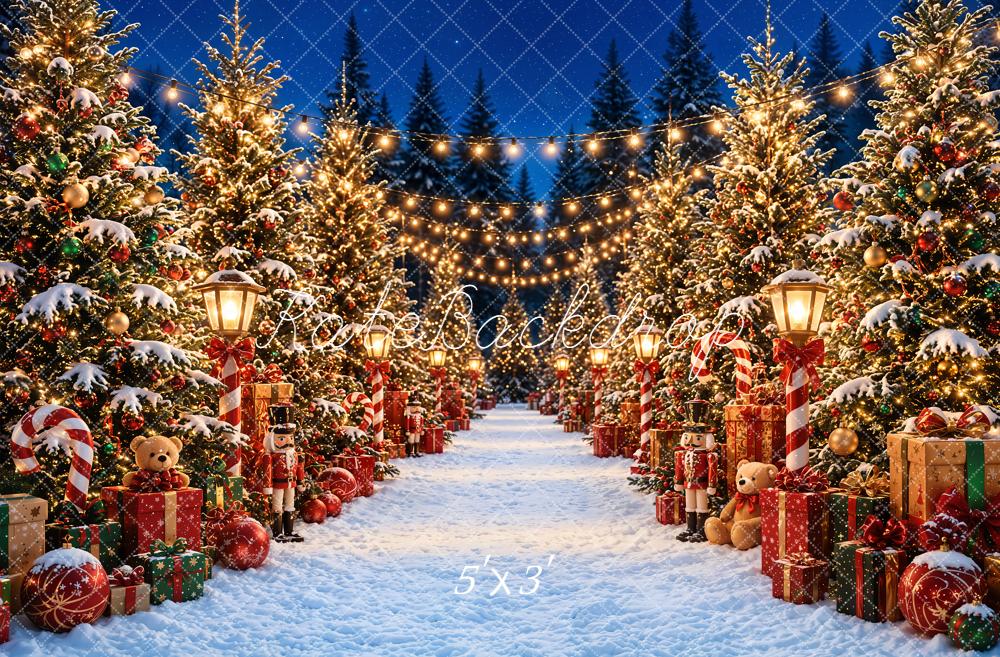 Kate Christmas Night Snowy Tree Path with Gifts and Lanterns Printed Backdrop Designed by Emetselch