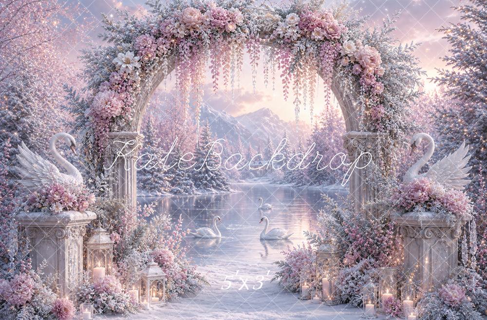 Kate Winter Wonderland Lavender Flower Arch Swan Lake Printed Backdrop Designed by Ashley Paul