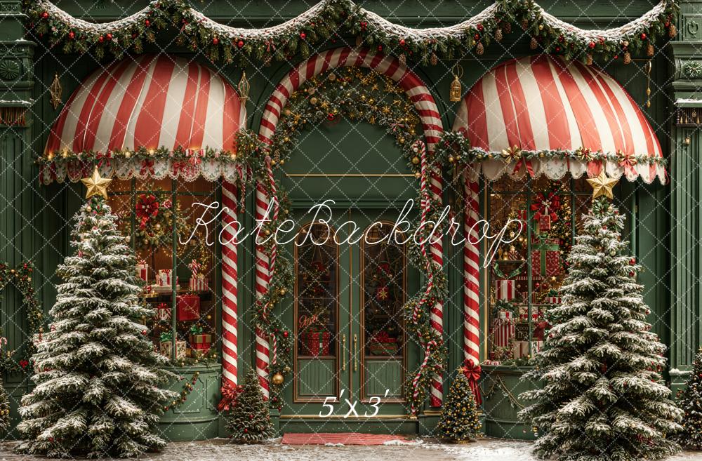 Kate Christmas Shop Candy Cane Striped Awning Snowy Trees Backdrop Designed by Emetselch