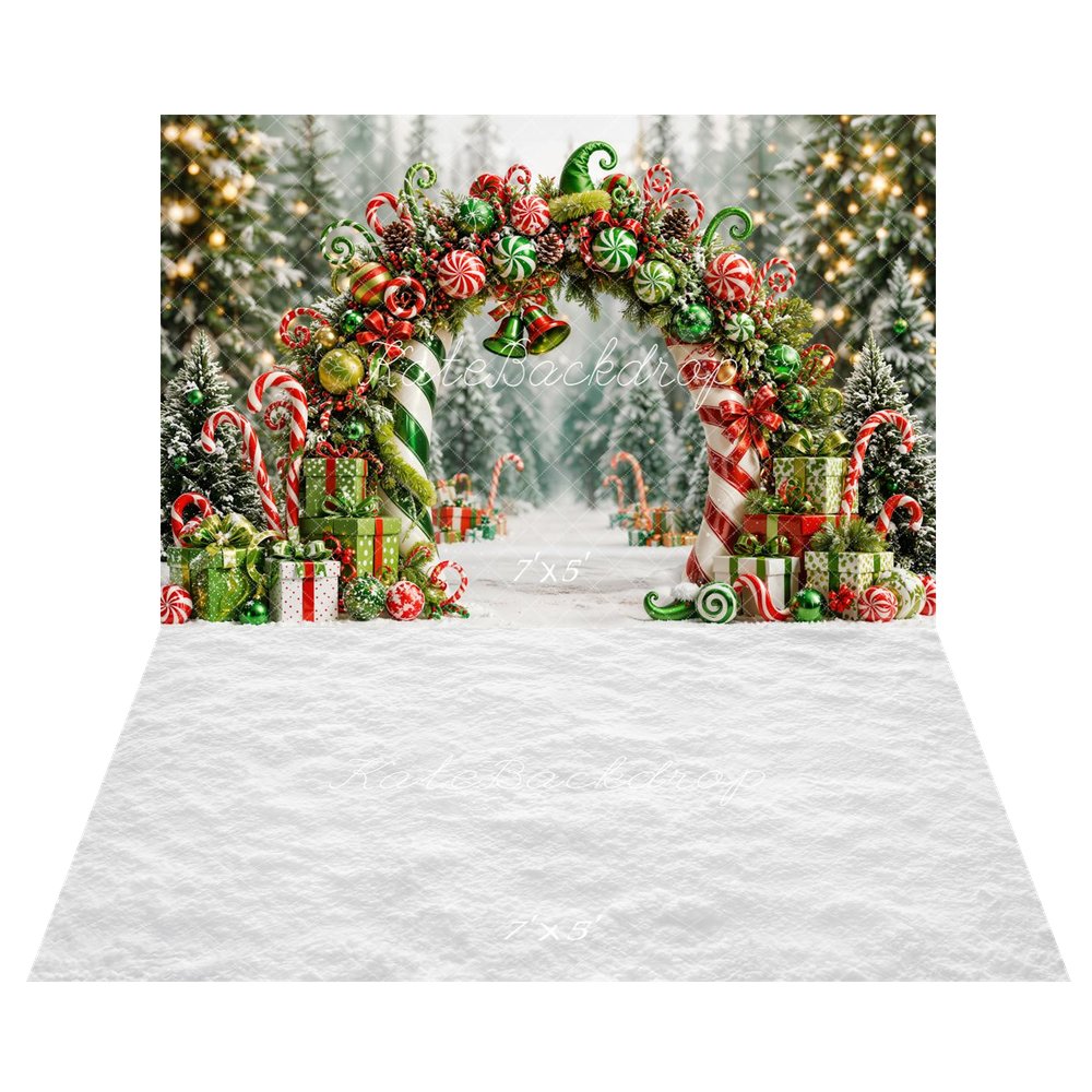 Kate Christmas Fantasy Green Candy Arch Forest Presents Printed Backdrop+White Snow Abstract Texture Printed Backdrop