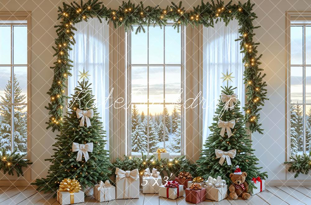 Kate Christmas Tree Garland Window Gifts Bow Snow Backdrop Designed by Mini MakeBelieve