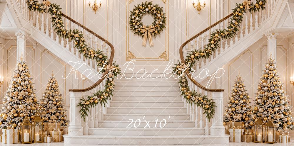Kate Christmas Cascading Stairs Garland Wreath Ornate Interior Printed Backdrop Designed by Emetselch