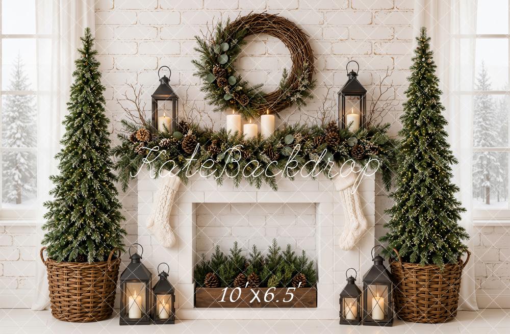 Kate Christmas Fireplace Minimalist Pine Trees Wreath Lanterns Printed Backdrop Designed by Emetselch