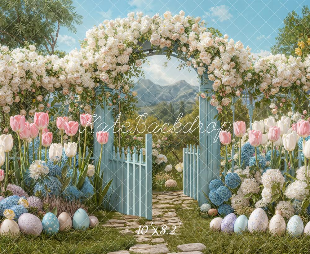Kate Easter Spring Flower Arch Garden Gate Pastel Eggs Tulips Backdrop Designed by Emetselch