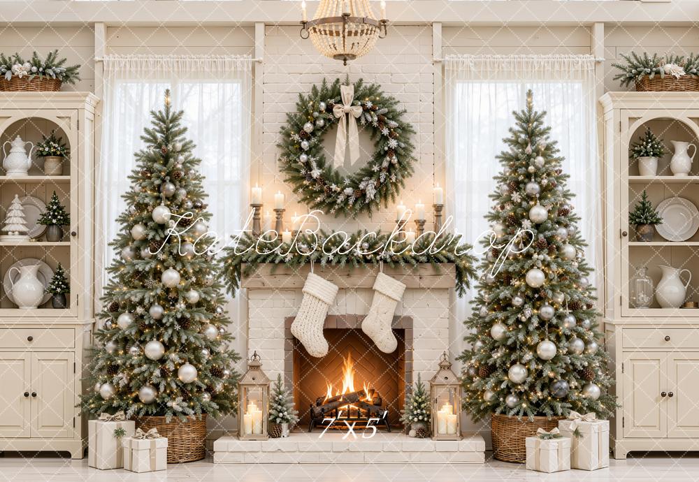 Kate Christmas Fireplace Christmas Trees Wreath White Cabinets Printed Backdrop Designed by Emetselch