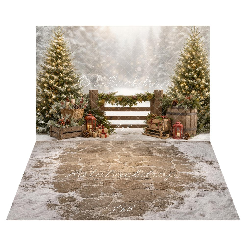 Kate Christmas Pine Trees Wooden Fence Garland Lantern Gifts Sled Printed Backdrop+Cobblestone Floor With Snow Printed Backdrop