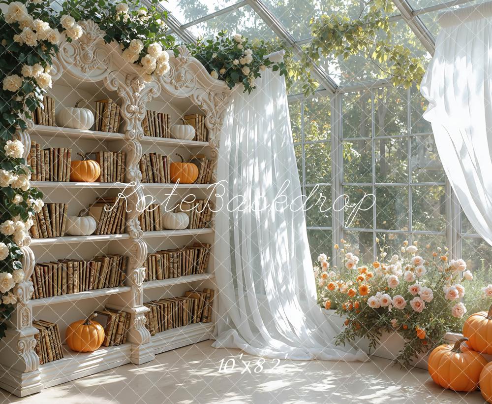 Kate Fall Bookshelf Pumpkins Floral Sunroom Curtains Backdrop Designed by Mini MakeBelieve