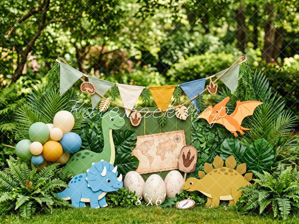 Kate Cake Smash Dinosaur Explorer Jungle Map Egg Balloons Printed Backdrop Designed by Patty Roberts