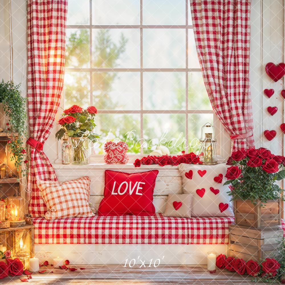 Kate Valentines Red Gingham Window Bench Hearts Roses Backdrop Designed by Emetselch