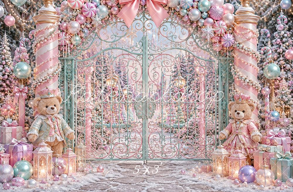 Kate Christmas Pink Candy Cane Gate Teddy Bears Kids Printed Backdrop Designed by Ashley Paul