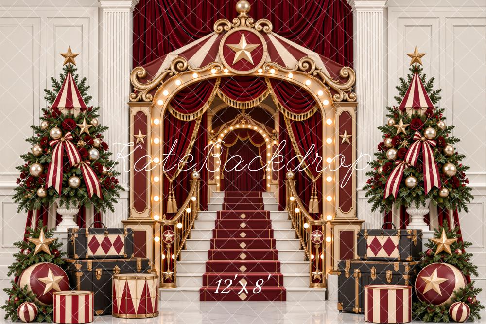 Kate Christmas Circus Staircase Theatrical Entrance Christmas Trees Printed Backdrop Designed by Emetselch