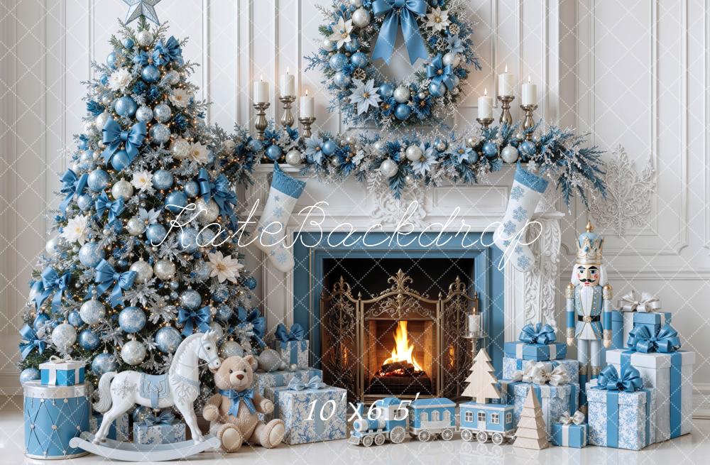 Kate Christmas Tree Blue Fireplace Wreath Gifts Winter Wonderland Printed Backdrop Designed by Mini MakeBelieve