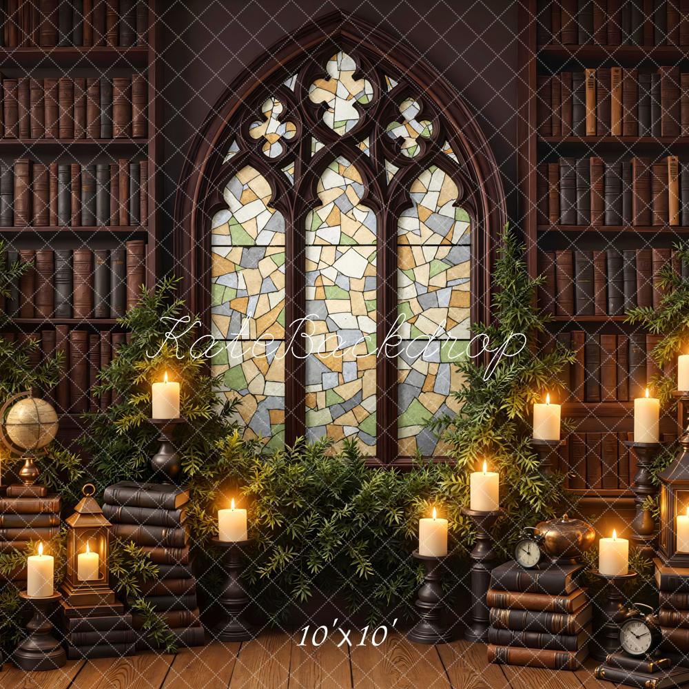 Kate Library Bookshelves Stained Glass Candles Backdrop Designed by Mini MakeBelieve
