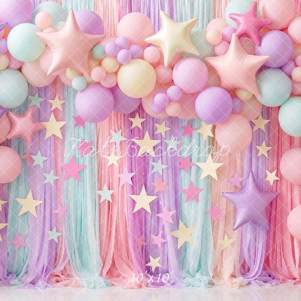 Kate Birthday Party Pastel Balloon Star Curtain Printed Backdrop Designed by Angela Miller