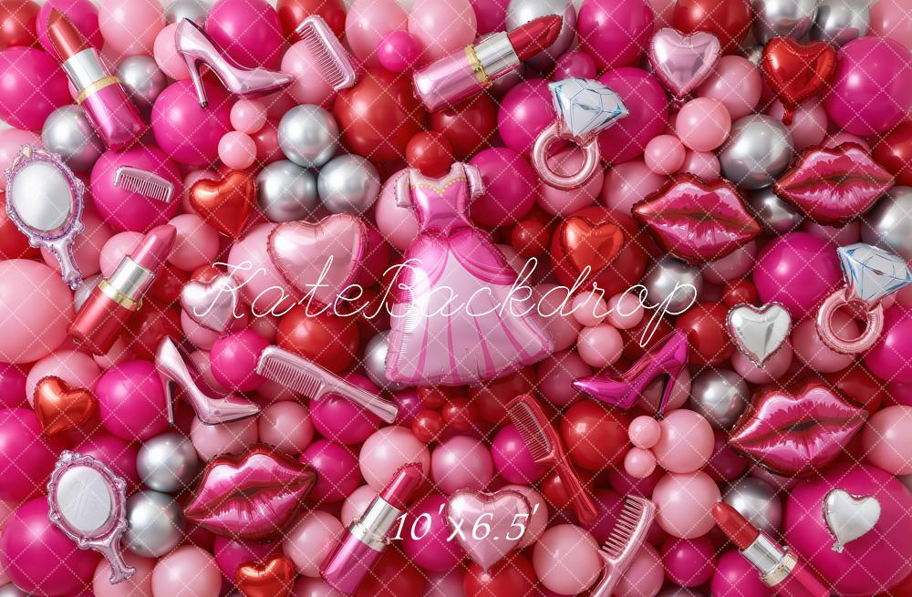 Kate Makeup Pink Balloons Dress High Heels Lipstick Printed Backdrop Designed by Chain Photography