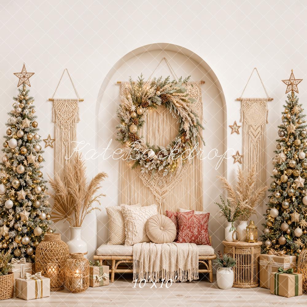 Kate Christmas Boho Macrame Wreath Christmas Trees Pillows Printed Backdrop Designed by Emetselch