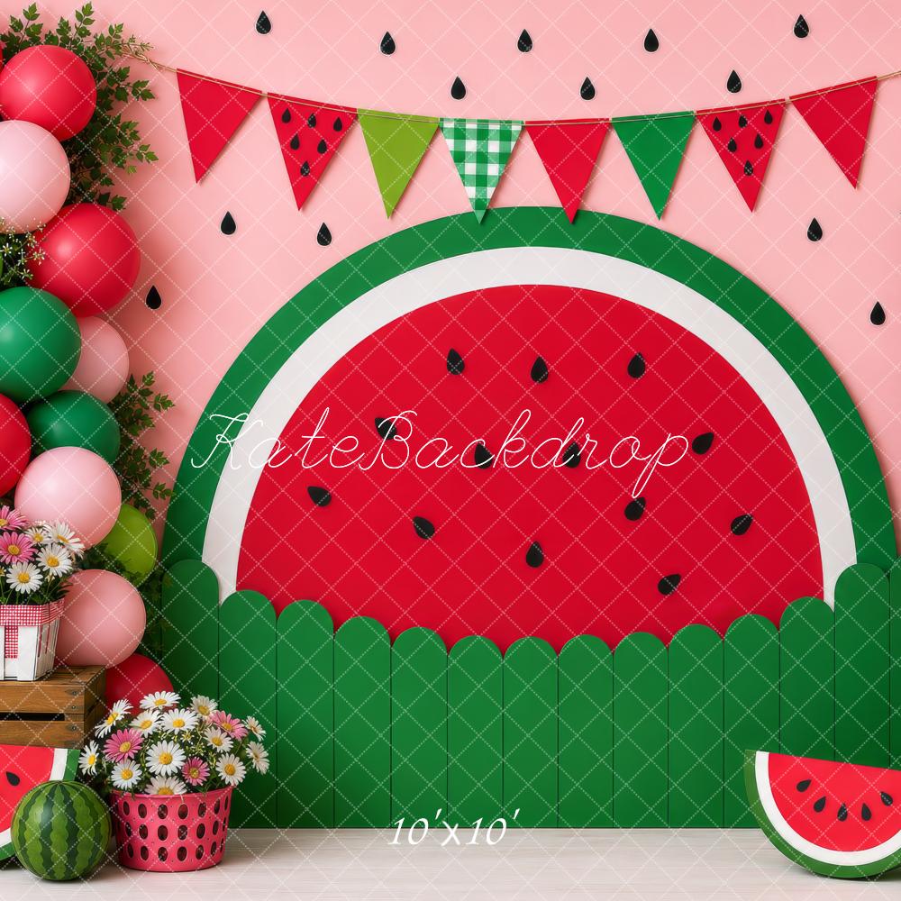 Kate Cake Smash Watermelon Balloons Flowers Crates Summer Printed Backdrop Designed by Shutter Swan Studios