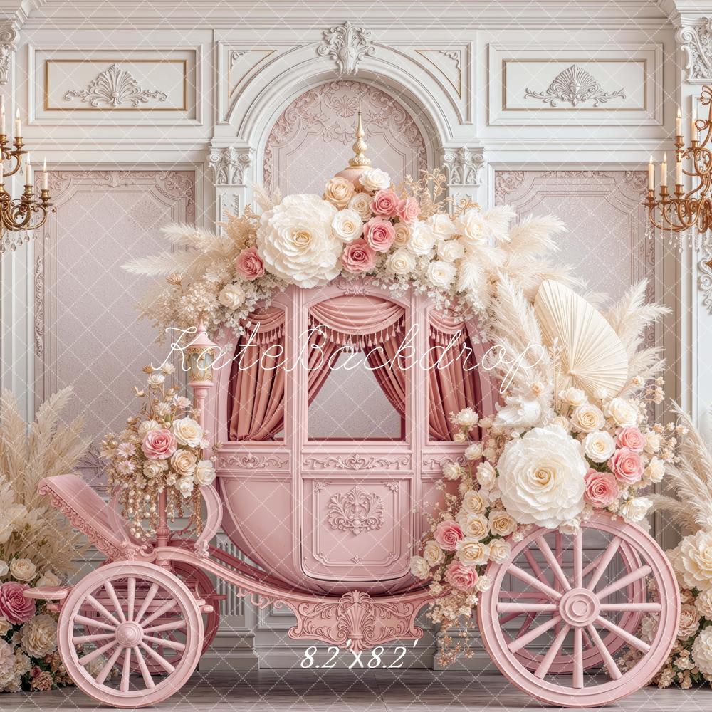 Kate Fairytale Pink Carriage Flower Arch Chandelier Palace Printed Backdrop Designed by Mini MakeBelieve