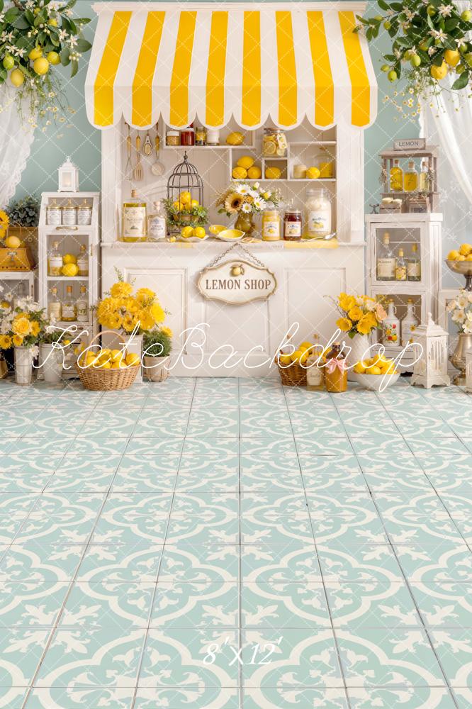 Kate Summer Lemon Shop Yellow Striped Awning Floral Floor Printed Backdrop Printed Backdrop Designed by Emetselch