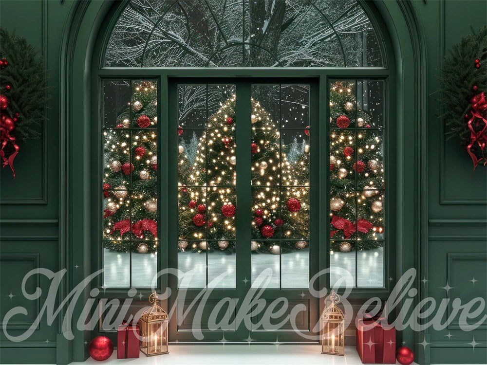 Fondo de ventana en forma de arco en verde oscuro vintage diseñado por Mini MakeBelieve para Navidad.