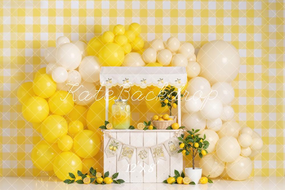 Kate Lemonade Stand Yellow Balloons Gingham Lemon Decor Printed Backdrop Designed by Emetselch