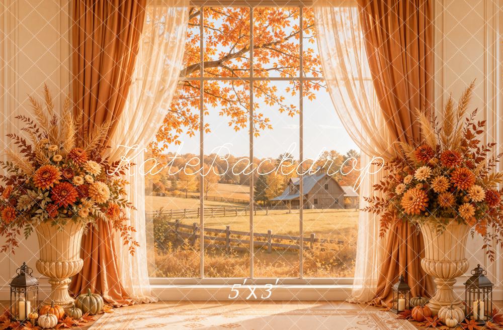 Kate Fall Cozy Window Farm Orange Curtains Pumpkins Floral Printed Backdrop Designed by Emetselch