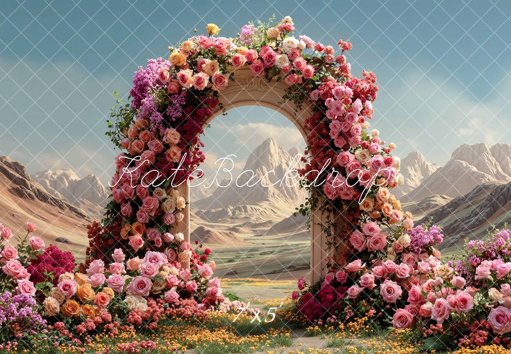Kate Spring Flower Arch Desert Mountains Printed Backdrop Designed by Mini MakeBelieve