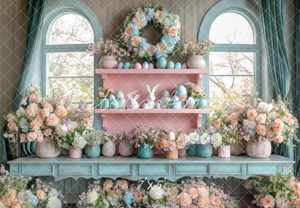 Kate Easter Interior Bunny Floral Blue Backdrop Designed by Mini MakeBelieve